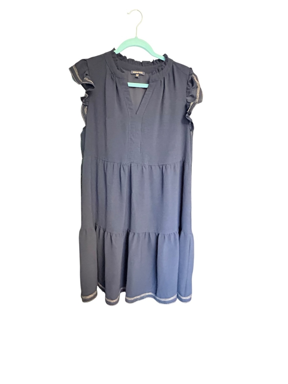Skies Are Blue Navy Tiered Flutter-Sleeve Dress w/ Gold Stitching sz L